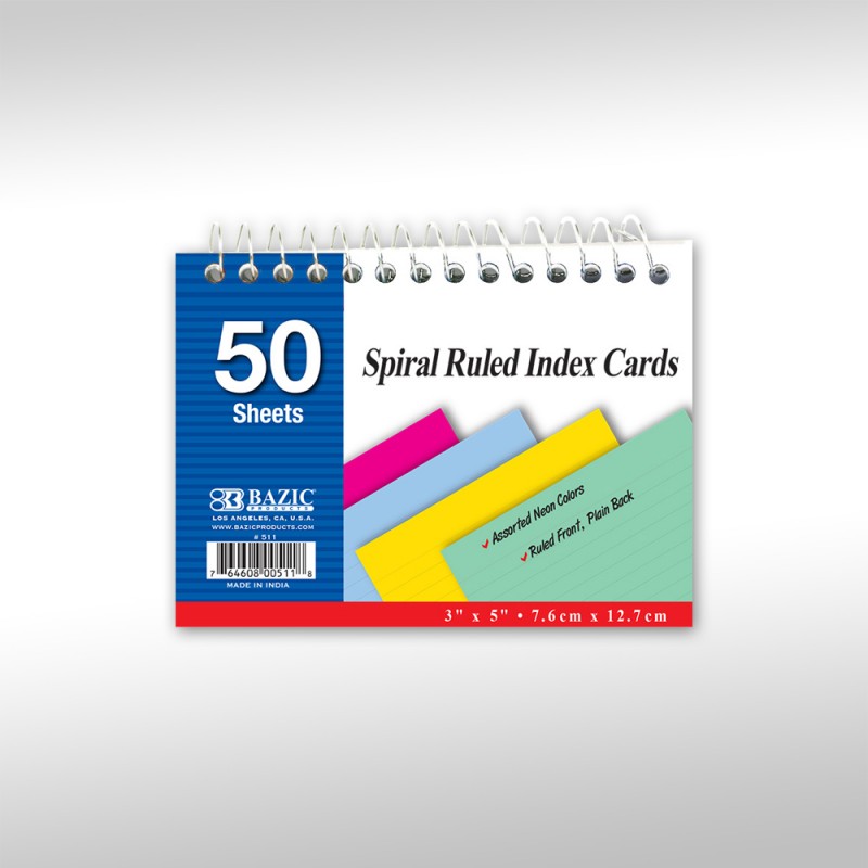 Bazic Spiral Ruled Index Cards, 3x5, 50 Sheets, White