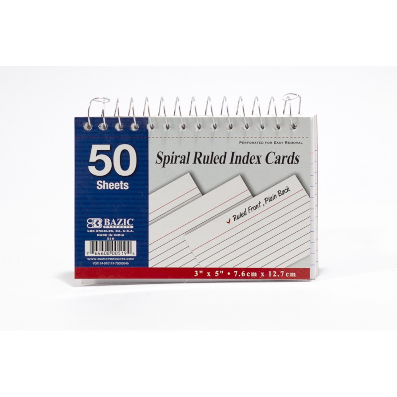 Bazic Spiral Ruled Index Cards, 3x5, 50 Sheets, White